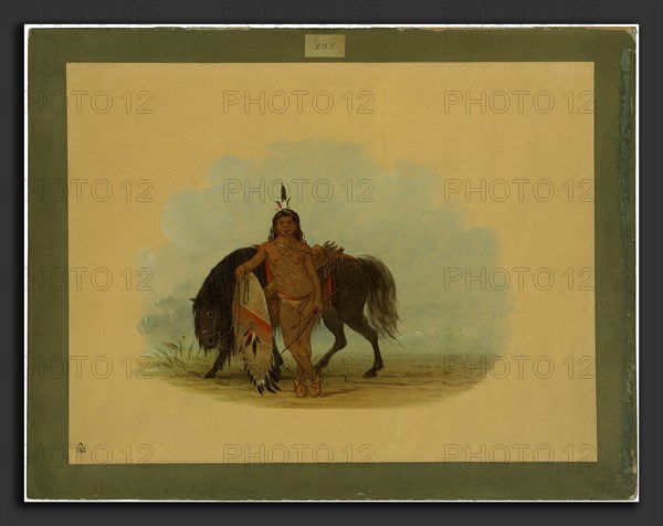 George Catlin, A Cheyenne Warrior Resting His Horse, American, 1796 - 1872, 1861-1869, oil on card mounted on paperboard