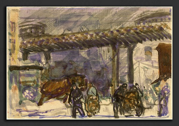 George Bellows, A Winter Day - Under the Elevated near Brooklyn Bridge, American, 1882 - 1925, c. 1907, brush and ink, watercolor and colored crayon