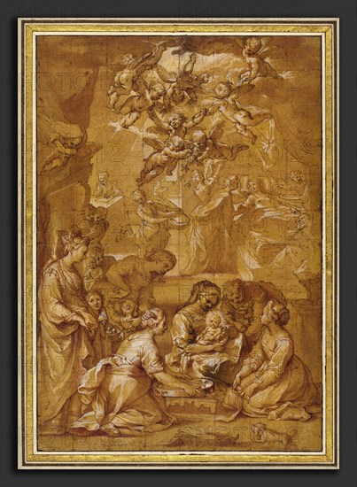 Ventura Salimbeni (Italian, 1568 - 1613), The Birth of the Virgin, 1605-1610, pen and brown and red ink with brown and sanguine wash over red chalk, heightened with white gouache and squared in red chalk on paper washed ochre