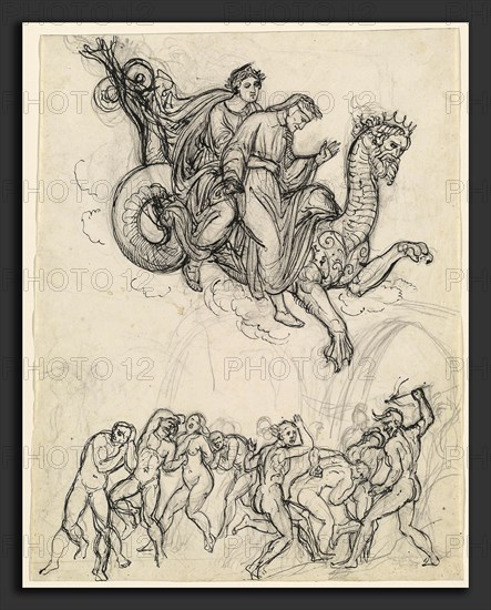 Joseph Anton Koch (Austrian, 1768 - 1839), Dante and Virgil Riding on the Back of Geryon, c. 1821, pen and black ink over graphite on laid paper, fragments of graphite borderlines