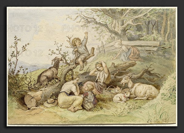 Ludwig Richter (German, 1803 - 1884), Children and Goats Resting by a Fallen Tree, 1868, pen and brown and some gray ink with watercolor and gouache, a few touches of varnish on wove paper
