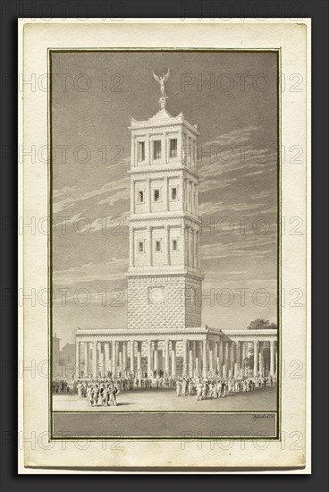 Karl Friedrich Schinkel (German, 1781 - 1841), The Campanile for a Cathedral for Berlin, 1831, pen and gray ink with gray wash over graphite, touched with pen and brown ink; border: pen and green ink with gold wash, on wove paper laid down on card
