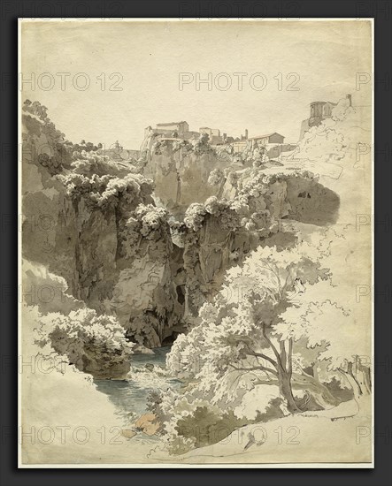 Carl Wagner (German, 1796 - 1867), Tivoli and the Temple of the Sibyl Above the Aniene Gorge, 1824, pen and gray ink over graphite, with gray, light blue, pink, and tan wash, on wove paper; graphite on wove paper