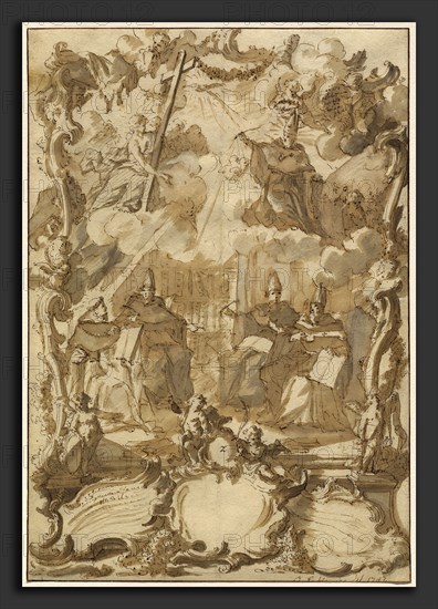 Gottfried Eichler the Younger (German, 1715 - 1770), A Thesis Design with Doctors of the Church, 1747, pen and dark brown ink with brown and gray wash on laid paper