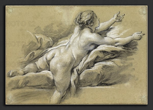 FranÃ§ois Boucher, A Nude Woman Reaching to the Right, French, 1703 - 1770, c. 1769, black chalk with stumping, heightened with white chalk on brown laid paper