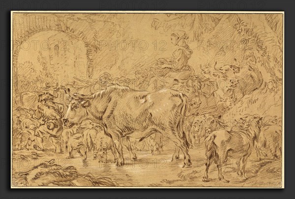 François Boucher, Return to the Fold, French, 1703 - 1770, brown and black chalk heightened with white on brown laid paper