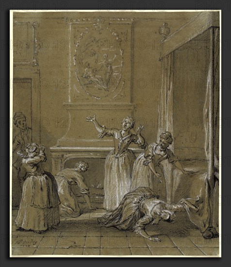Jean-Baptiste Oudry, On trouve le corps mort de l'hote que l'on avait cache, French, 1686 - 1755, 1727, black chalk heightened with white chalk on blue laid paper