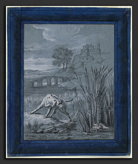 Jean-Baptiste Oudry, The Partridge Saves Her Young, French, 1686 - 1755, 1732, brush and black ink, white gouache, and gray wash, with a simluated mount in blue and gray wash and pen and dark brown ink, on blue laid paper