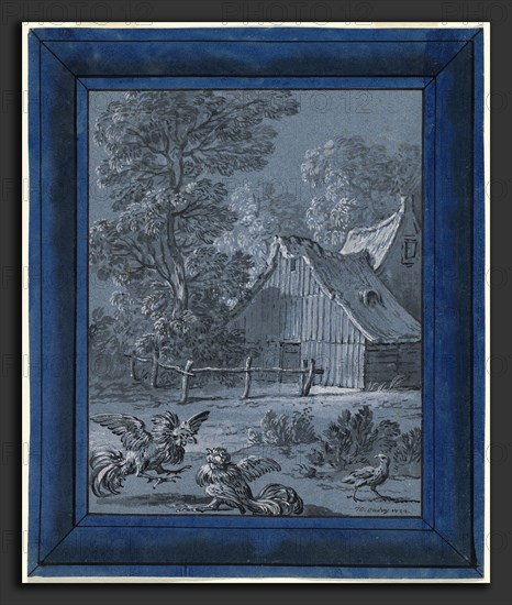 Jean-Baptiste Oudry, The Partridge and the Cocks, French, 1686 - 1755, 1732, brush and black ink, gray wash, and white gouache on blue laid paper; royal blue wash border