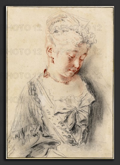 Antoine Watteau, Seated Woman Looking Down, French, 1684 - 1721, c. 1720-1721, red and black chalk with stumping on laid paper, with later framing line in brown ink