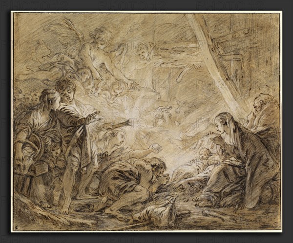 FranÃ§ois Boucher, The Adoration of the Shepherds, French, 1703 - 1770, 1758-1760, black chalk, pen and brown ink with brown wash, heightened with white gouache and white chalk on cream laid paper, laid down