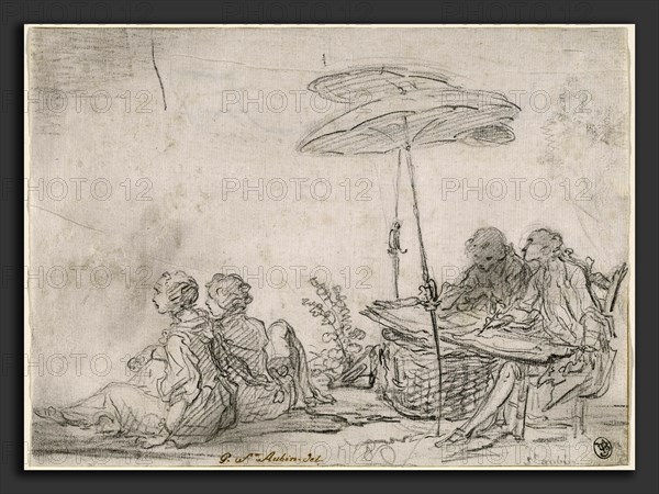 Gabriel Jacques de Saint-Aubin, Draftsmen Outdoors, French, 1724 - 1780, c. 1760, black chalk and stumping on laid paper