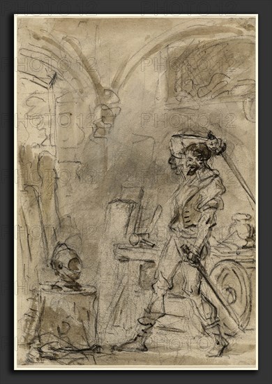 Jean-Honoré Fragonard, Don Quixote about to Strike the Helmet, French, 1732 - 1806, 1780s, brush with brown and gray washes over charcoal on laid paper, laid down