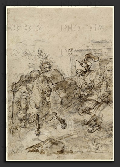 Jean-Honoré Fragonard, Don Quixote Attacking the Biscayan, French, 1732 - 1806, 1780s, brush with brown and gray washes over charcoal on laid paper