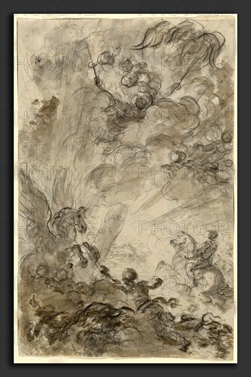 Jean-Honoré Fragonard, Bradamante Tries to Catch Hold of the Hippogryph [recto], French, 1732 - 1806, 1780s, black chalk with brown and gray wash on laid paper