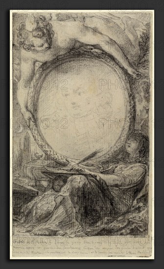 Gabriel Jacques de Saint-Aubin, Allegorical Frame with a Genius and a Veiled Woman Writing, French, 1724 - 1780, c. 1769, black chalk on laid paper