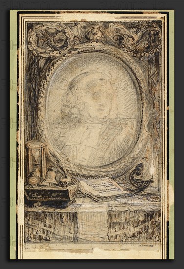 Gabriel Jacques de Saint-Aubin, Allegorical Frame with a Bat, French, 1724 - 1780, c. 1769, pen and dark brown ink over graphite, red chalk, and black chalk with touches of white chalk on light brown laid paper, with partial framing line in pen and brown ink