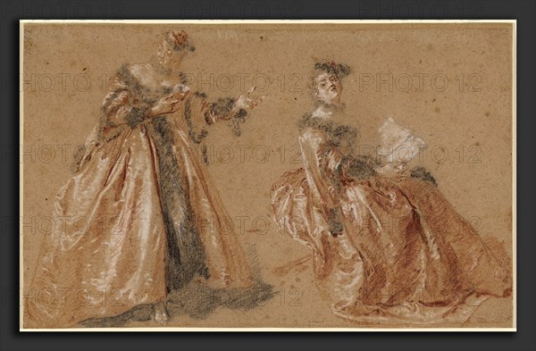 Nicolas Lancret, Two Elegant Women in Polish Dress, French, 1690 - 1743, c. 1723, red, black, and white chalk on light brown paper