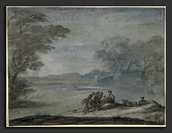 Claude Lorrain, The Rest on the Flight into Egypt, French, 1604-1605 - 1682, 1682, pen and brown ink with gray and blue wash and graphite, heightened with white gouache on blue laid paper