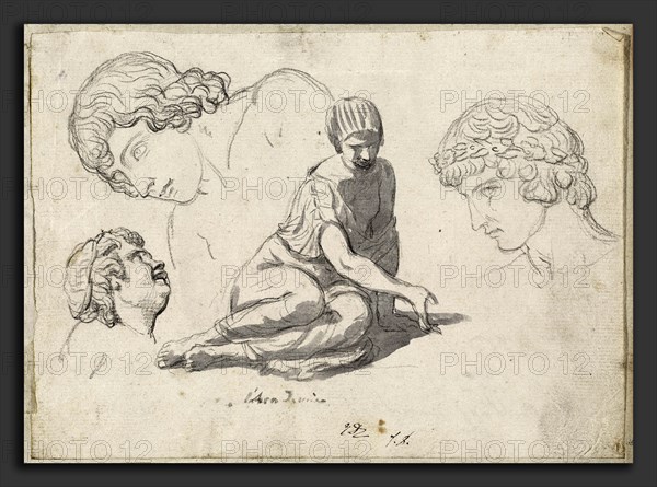 Jacques-Louis David, Dice-Thrower and Other Studies after Ancient Sculptures, French, 1748 - 1825, 1775-80, black chalk and gray wash on laid paper