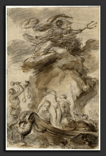 Jean-Honoré Fragonard, Angelica Is Exposed to the Orc, French, 1732 - 1806, 1780s, black chalk with brown and gray wash on laid paper