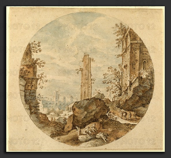 Pieter Stevens, Travellers among Roman Ruins, Flemish, c. 1567 - 1624 or after, pen and brown ink with red-brown and blue wash, incised for transfer