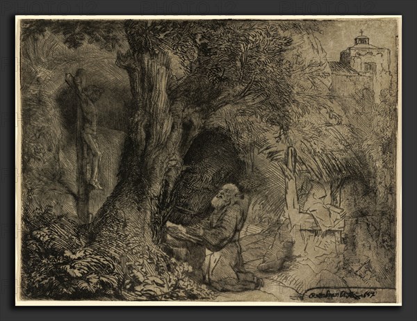 Rembrandt van Rijn, Saint Francis beneath a Tree Praying, Dutch, 1606 - 1669, 1657, drypoint and etching