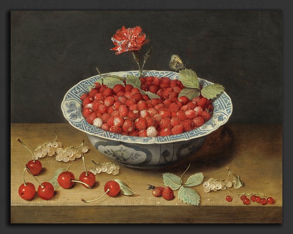 Jacob van Hulsdonck (Flemish, 1582 - 1647), Wild Strawberries and a Carnation in a Wan-Li Bowl, c. 1620, oil on copper