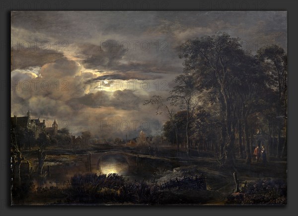 Aert van der Neer (Dutch, 1603-1604 - 1677), Moonlit Landscape with Bridge, probably 1648-1650, oil on panel