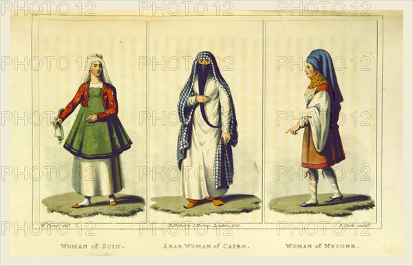 Journal of a Tour in the Levant, woman of Scio, of Cairo and a woman of Mycone, engraving 1820