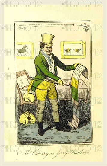 Life in London, or the Larks of Logic, Tom, & Jerry, an extravaganza in three acts of wit and whim, replete with high goes, prime chaunts, and out-and-out sprees, founded on Pierce Egan's highly popular work, Mr. Oxberry as Jerry Hawthorn, 19th century engraving