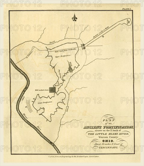 Map of an ancient fortification on the bank of the Little Miami River, Warren County, Ohio, east of Cincinnati, US, America, 19th century