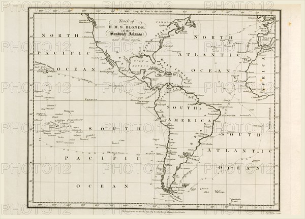Map, Voyage of H.M.S. Blonde to the Sandwich Islands, in the years 1824-1825. Captain the Right Hon. Lord Byron Commander, 19th century engraving