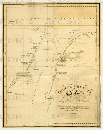 Prince Regent Inlet, Nunavut, Canada between the west end of Baffin Island and Somerset Island on the west. It opens north into Lancaster Sound and to the south merges into the Gulf of Boothia. 1824, 1825, 19th century engraving