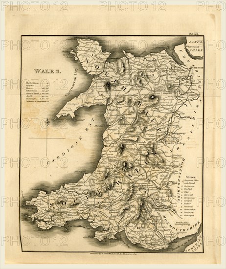 A Topographical Dictionary of the United Kingdom, Wales map, 19th century engraving, UK