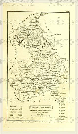 Cambridgeshire map, A Topographical Dictionary of the United Kingdom, UK, 19th century engraving