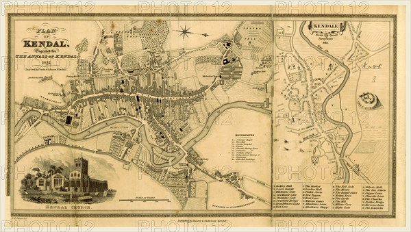 Map, 1832, The Annals of Kendal, being a historical and descriptive account of Kendal and its environs, 19th century engraving. Kendal, anciently known as Kirkby in Kendal or Kirkby Kendal, is a market town and civil parish within the South Lakeland District of Cumbria, England, UK
