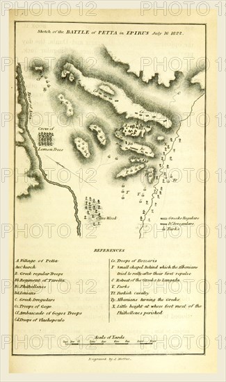 Battle of Petta in Epirus, 1822, History of the Greek Revolution, 19th century engraving, Greece