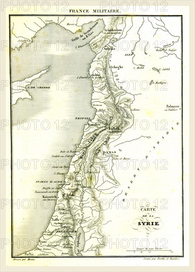Map of Syria, Syrian Arab Republic, is a country in Western Asia, 19th century engraving