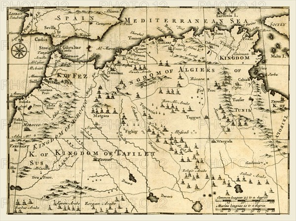 Map of the Kingdoms and of Barbary, A Voyage to Barbary, for the Redemption of Captives, performed, in 1720, by the Mathurin-Trinitarian Fathers, Fran, Comelin, Philemon de la Motte, and Jos. Bernard, 19th century engraving