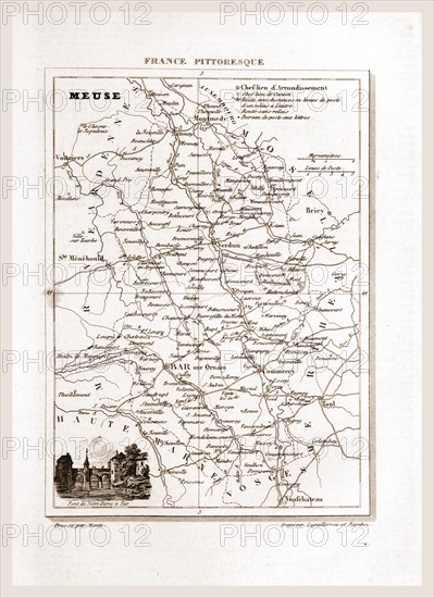 France pittoresque, map Meuse, 19th century engraving