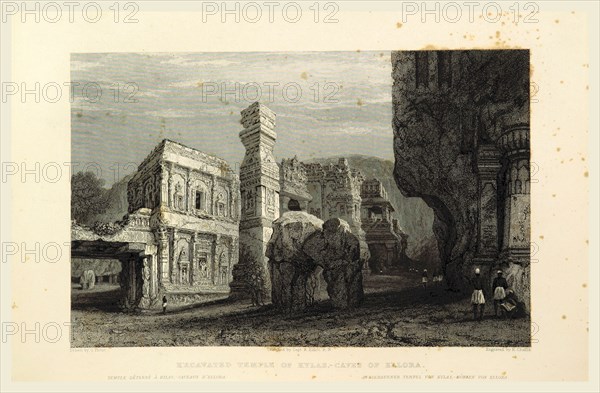 Temple Kylas, Caves of Ellora, Views in India, China, and on the Shores of the Red Sea, drawn by Prout, Stanfield, Cattermole, Purser, Cox, Austen, &c. from original sketches by Commander R. Elliott, 19th century engraving