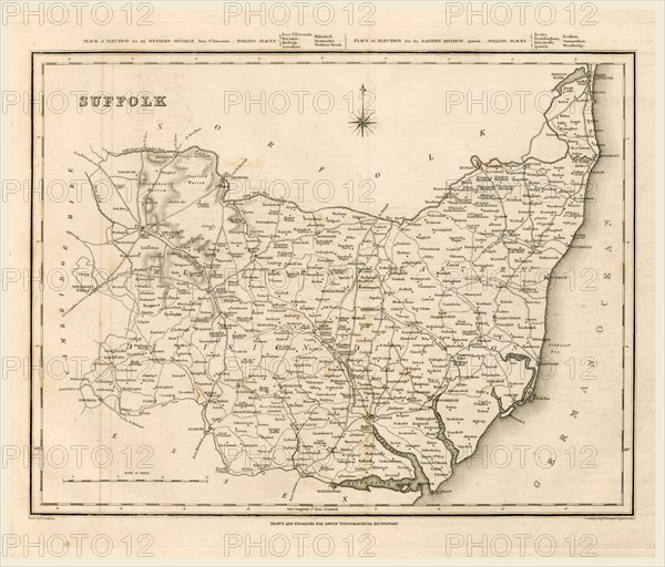 Map Suffolk UK, 19th century engraving
