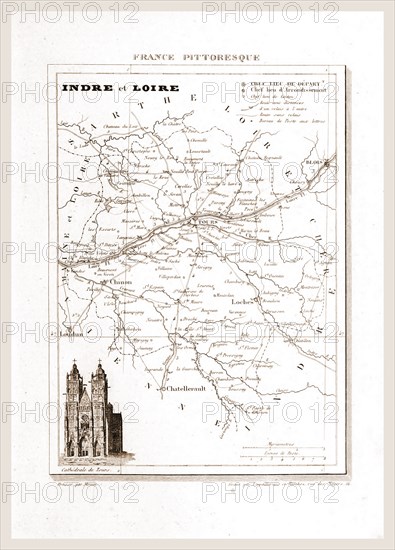 France pittoresque, map, Indre and Loire, 19th century engraving