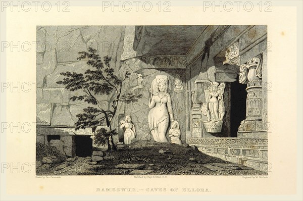 Rameswur, caves of Ellora, Views in India, China, and on the Shores of the Red Sea, drawn by Prout, Stanfield, Cattermole, Purser, Cox, Austen, &c. from original sketches by Commander R. Elliott, 19th century engraving
