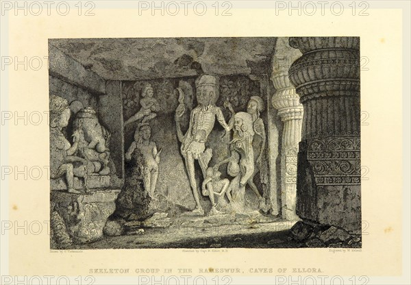 Skeleton group Rameswur, caves of Ellora, Views in India, China, and on the Shores of the Red Sea, drawn by Prout, Stanfield, Cattermole, Purser, Cox, Austen, &c. from original sketches by Commander R. Elliott, 19th century engraving