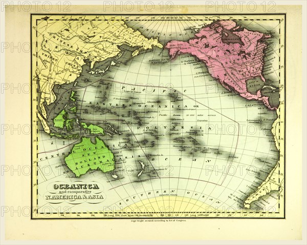 Map of Oceania, also known as Oceanica, is a region centred on the islands of the tropical Pacific Ocean, 19th century engraving