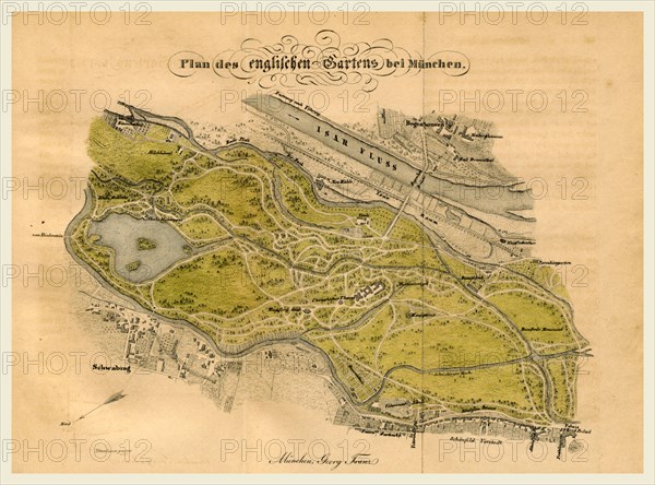 Map of the English gardens in Munchen, Germany, Europe, 19th century engraving