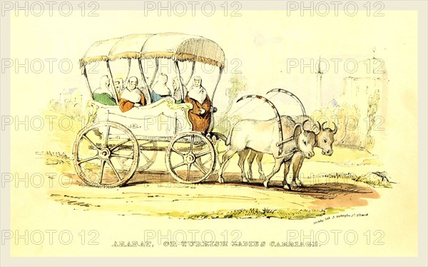 Arabat or Turkish ladies Carriage, Damascus and Palmyra, a journey to the East. With a sketch of the state and prospects of Syria under Ibrahim Pasha, illustration by W. M. Thackeray, 19th century engraving