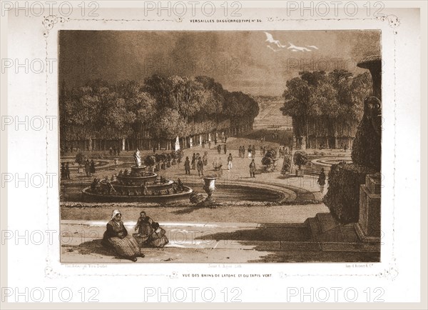 View of Bains de Latone et du tapis vert, Paris and surroundings, daguerreotype, M. C. Philipon, 19th century engraving